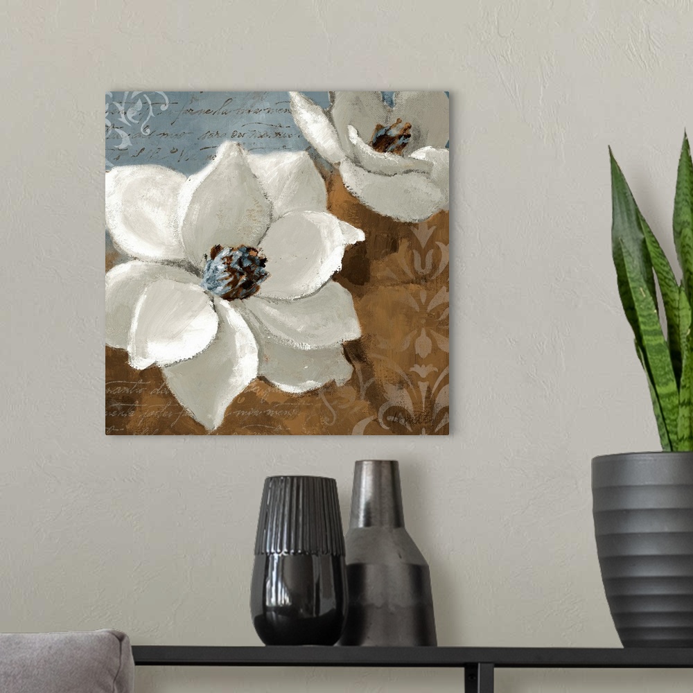 A modern room featuring Square wall art of two flower blossoms painted on decorative backgrounds containing hand written ...