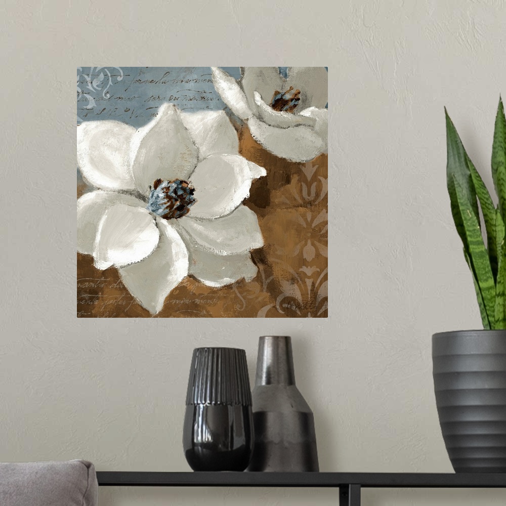 A modern room featuring Square wall art of two flower blossoms painted on decorative backgrounds containing hand written ...