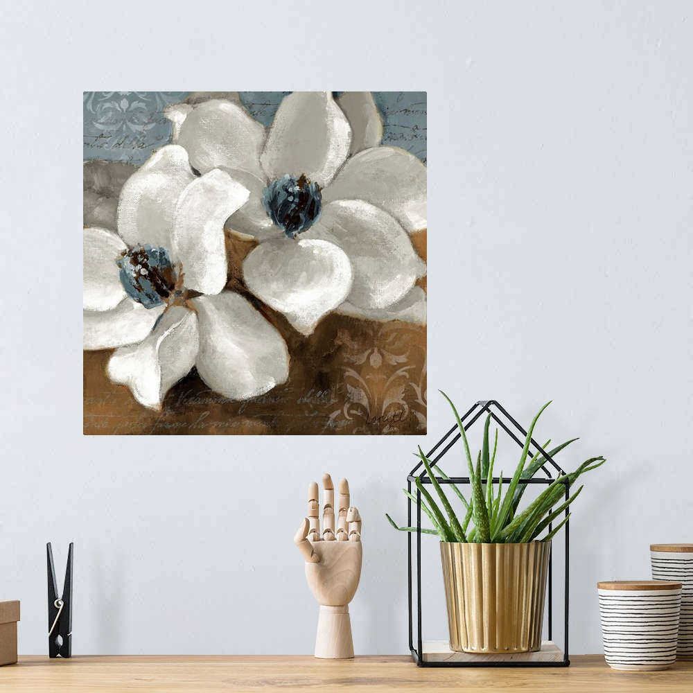 A bohemian room featuring Big floral art composed of a close-up of two flowers set against a background filled with muted t...