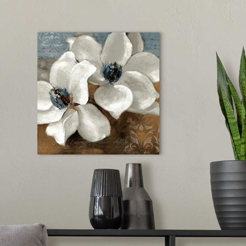 A modern room featuring Big floral art composed of a close-up of two flowers set against a background filled with muted t...