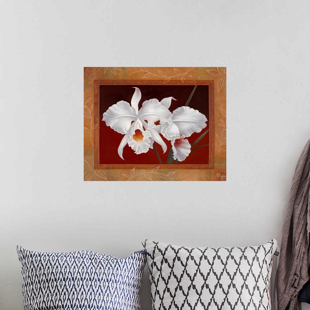 A bohemian room featuring Artwork of large white orchids that are framed and surrounded by a delicate design of leaves on a...