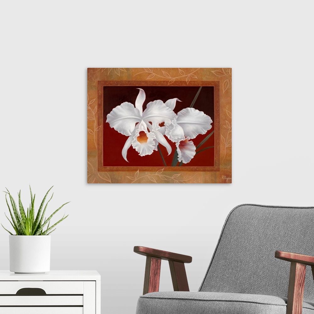 A modern room featuring Artwork of large white orchids that are framed and surrounded by a delicate design of leaves on a...