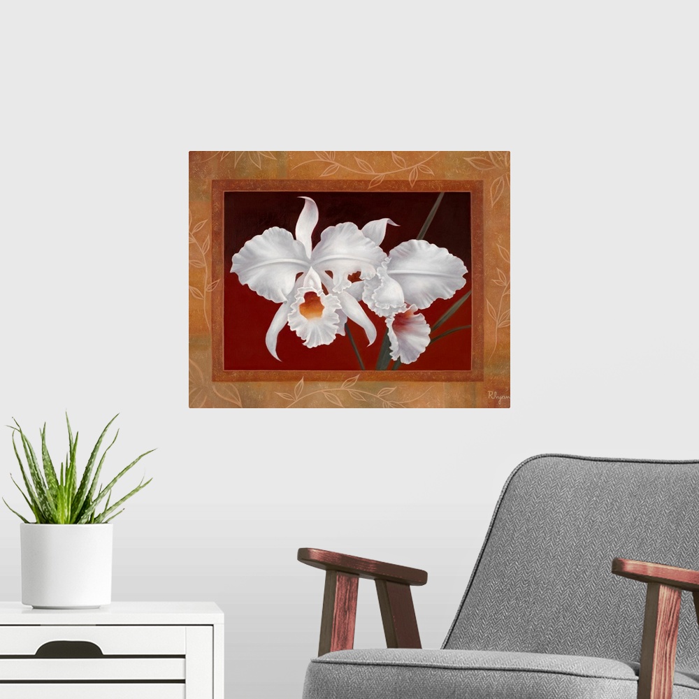 A modern room featuring Artwork of large white orchids that are framed and surrounded by a delicate design of leaves on a...