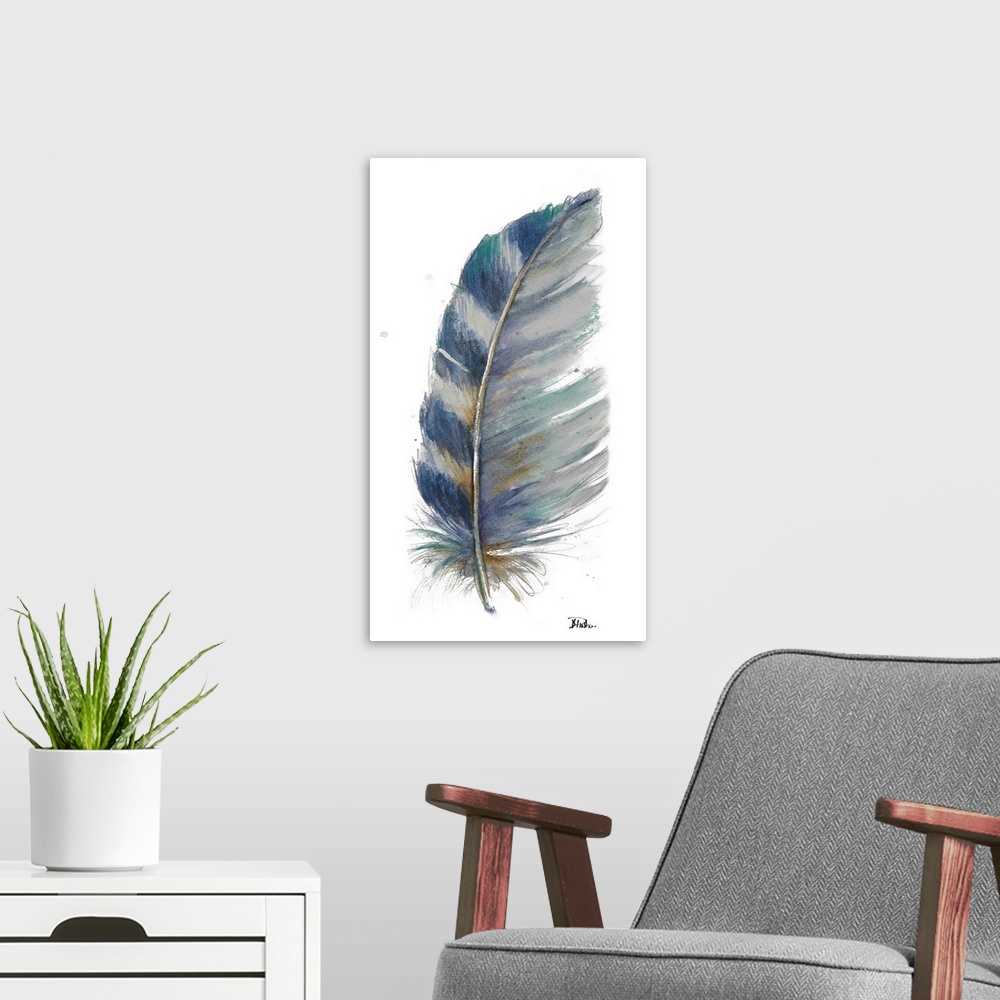 A modern room featuring White Watercolor Feather I
