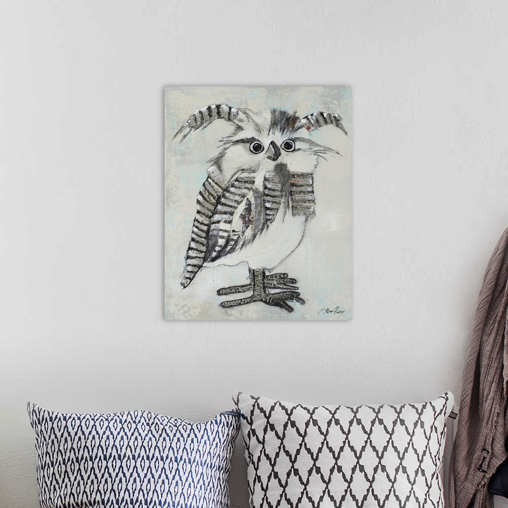 A bohemian room featuring Artwork of a funky striped owl.