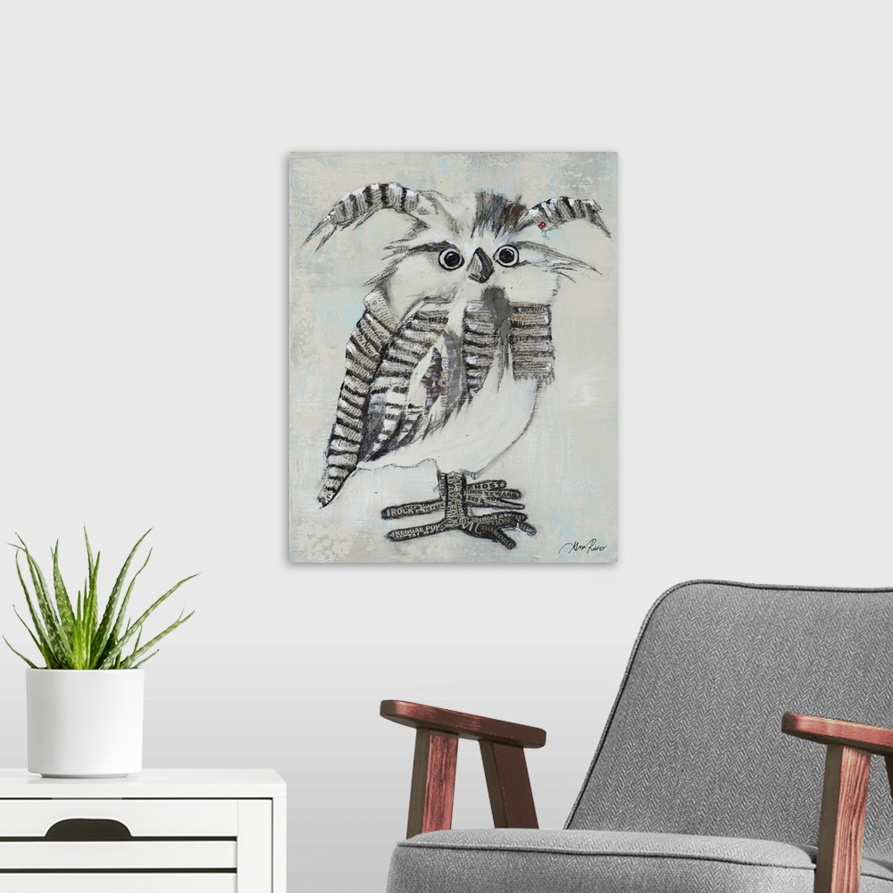 A modern room featuring Artwork of a funky striped owl.