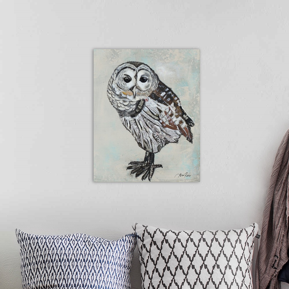 A bohemian room featuring Portrait of a barred owl.