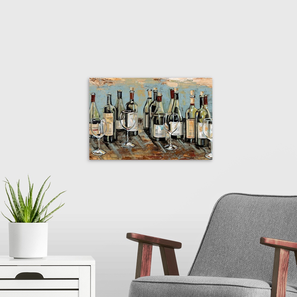 A modern room featuring Horizontal painting on a giant canvas of many open bottles of wine, sitting on a counter with sev...