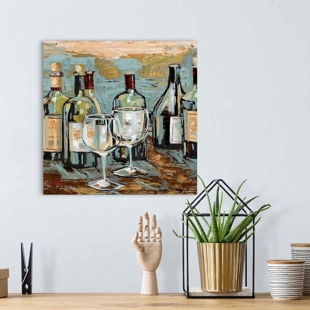 A bohemian room featuring Artwork perfect for the home or kitchen of different types of wine bottles with two wine glasses ...