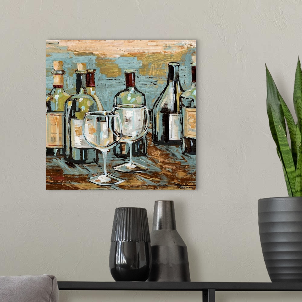 A modern room featuring Artwork perfect for the home or kitchen of different types of wine bottles with two wine glasses ...