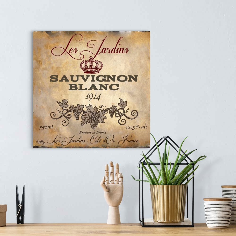 A bohemian room featuring Contemporary artwork of a vintage stylized Sauvignon Blanc wine bottle label.