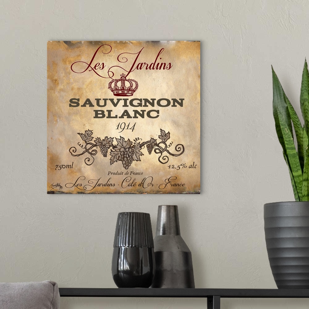 A modern room featuring Contemporary artwork of a vintage stylized Sauvignon Blanc wine bottle label.