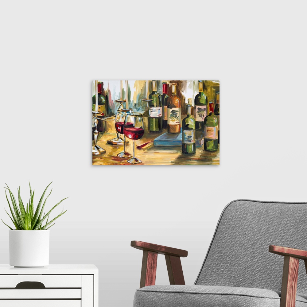 A modern room featuring Contemporary painting of a group of wine bottles and glasses on a table, along with books and can...