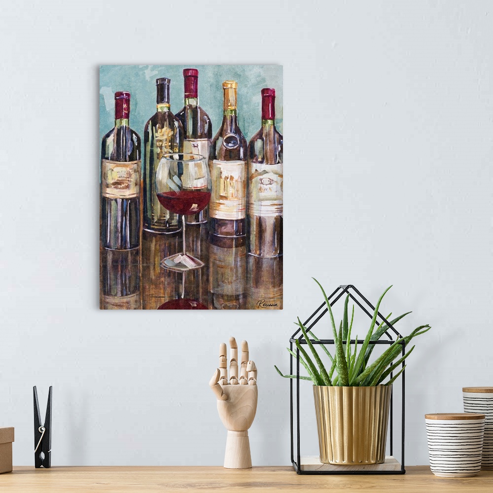 A bohemian room featuring Vertical, large wall painting of a five bottles of wine sitting on a reflective, smooth counter t...