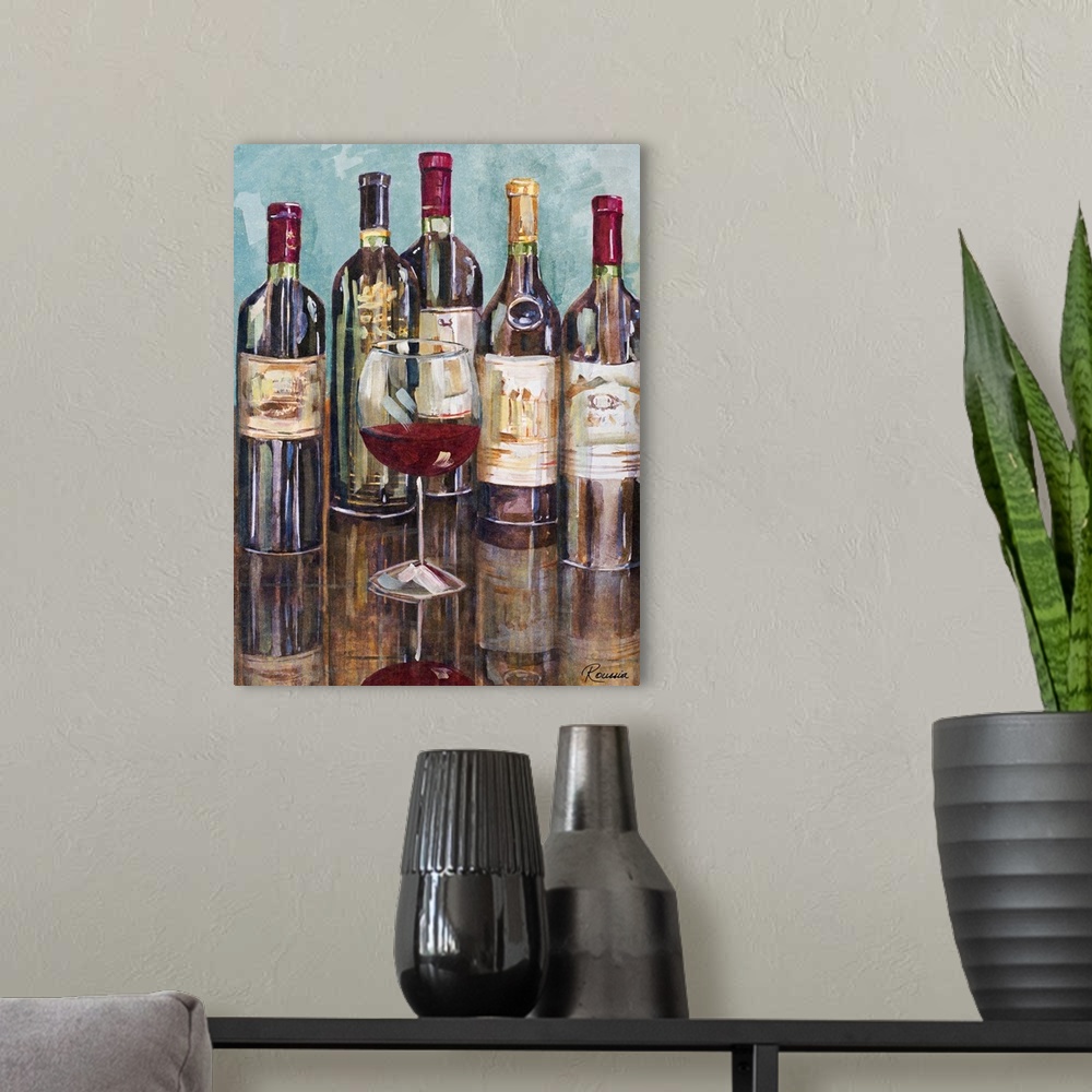 A modern room featuring Vertical, large wall painting of a five bottles of wine sitting on a reflective, smooth counter t...