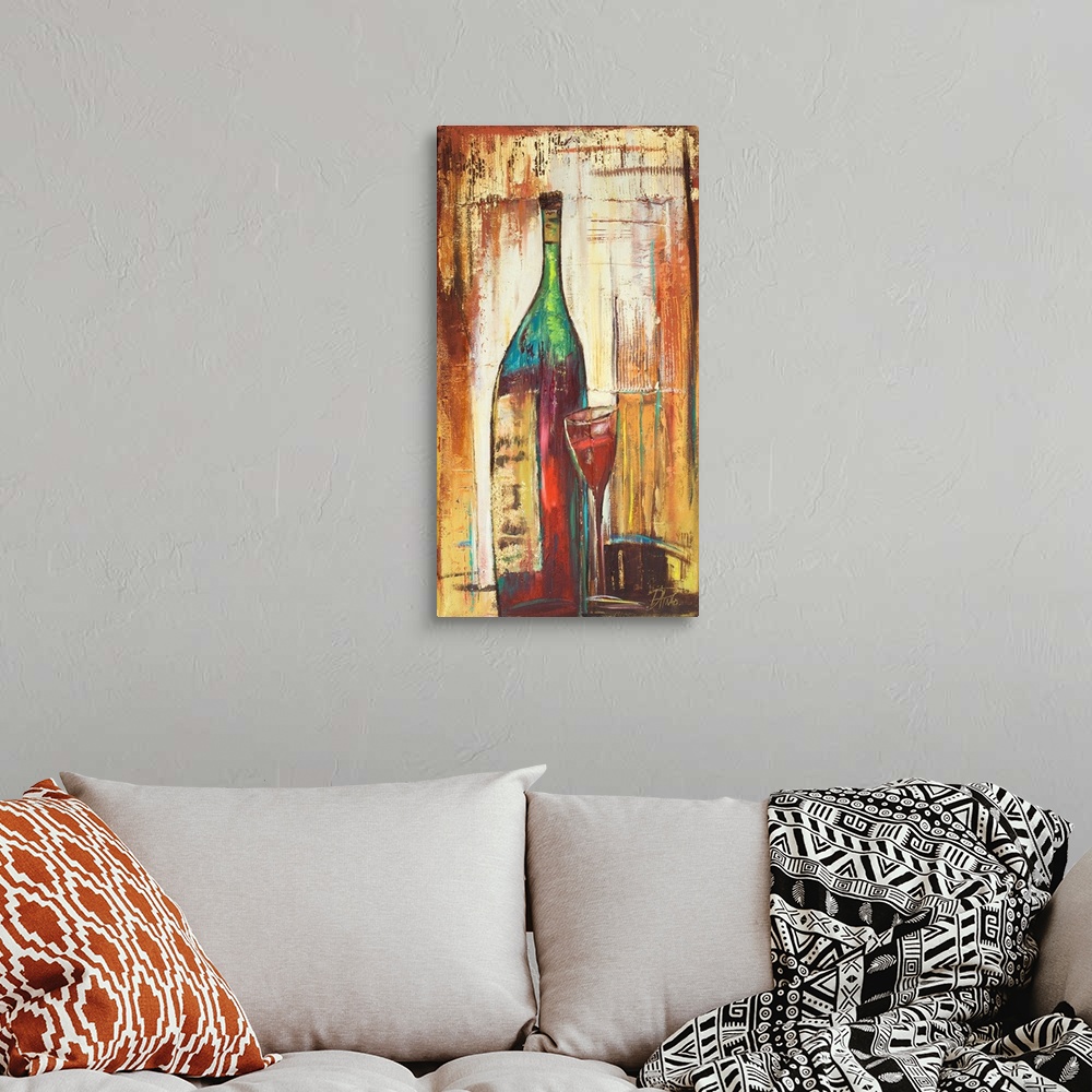 A bohemian room featuring A rustic abstract painting of a bottle and glass of red wine.