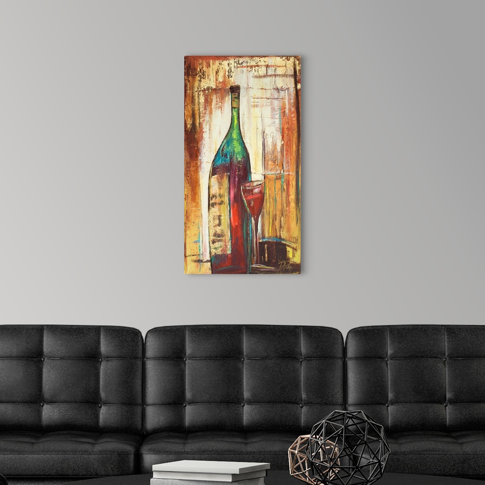 A modern room featuring A rustic abstract painting of a bottle and glass of red wine.