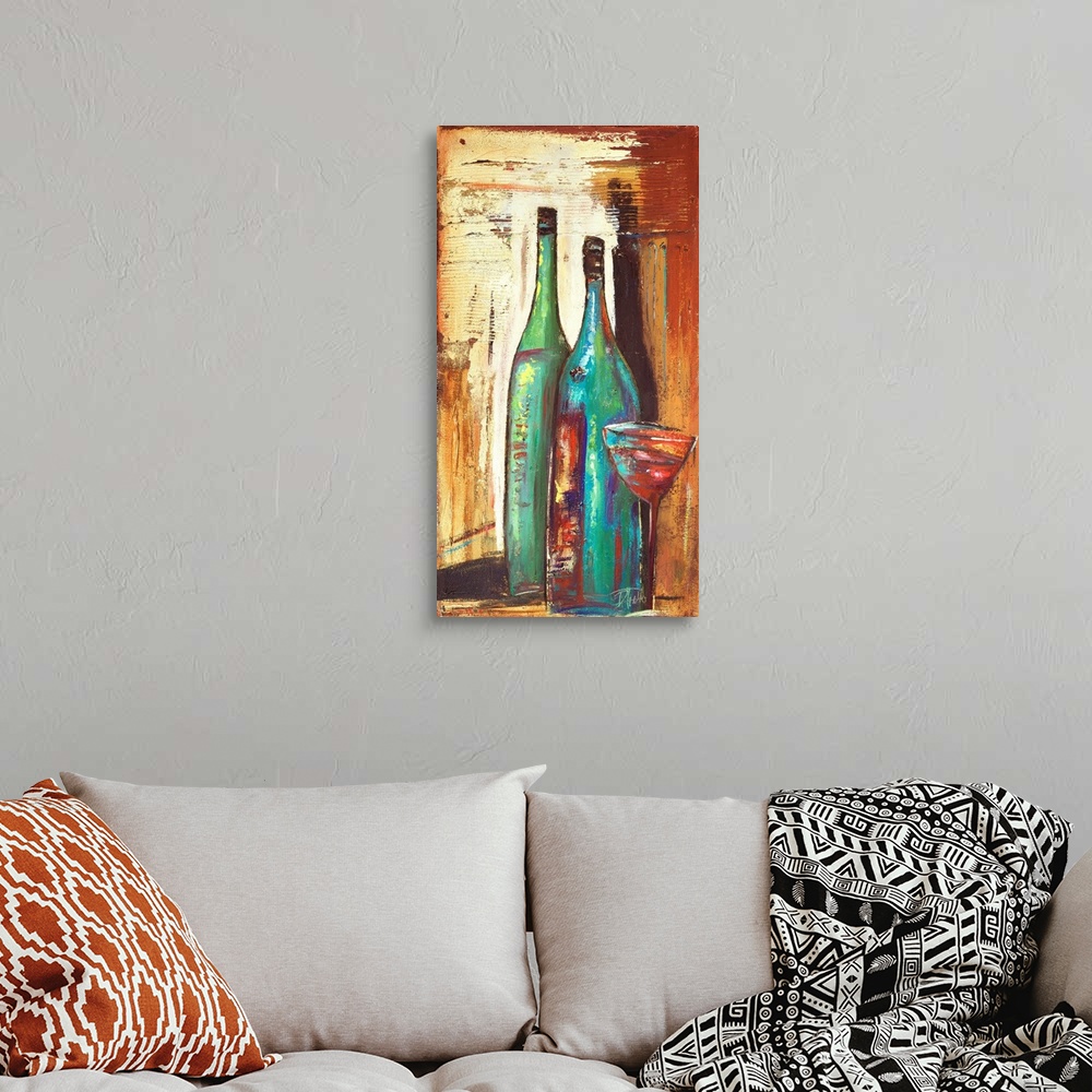 A bohemian room featuring A rustic abstract painting of  two bottles and glass of red wine.