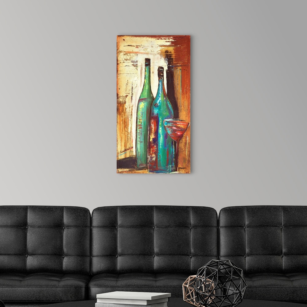 A modern room featuring A rustic abstract painting of  two bottles and glass of red wine.