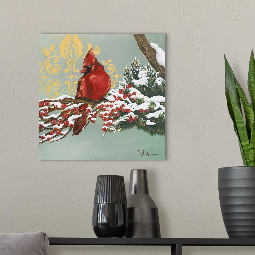 A modern room featuring Decorative artwork of a cardinal perched on a snowy branch with a gold damask in the background.