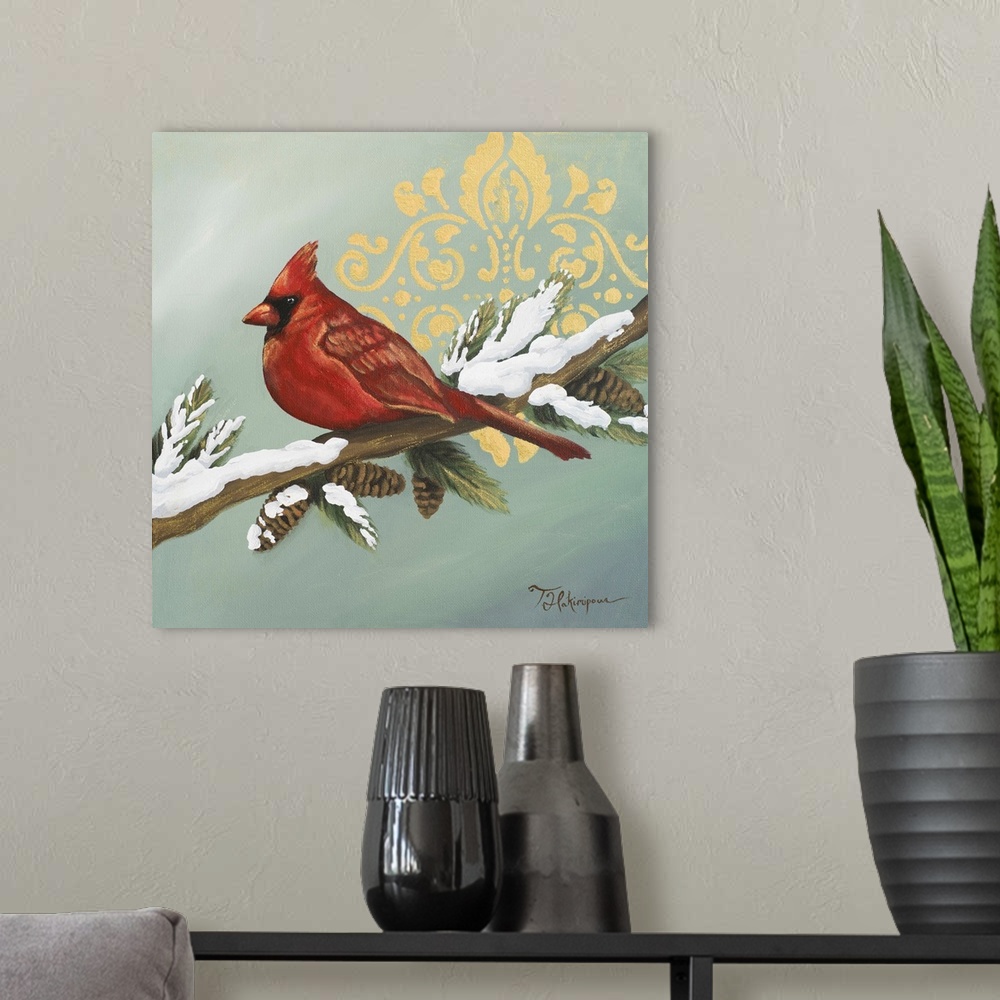 A modern room featuring Decorative artwork of a cardinal perched on a snowy branch with a gold damask in the background.