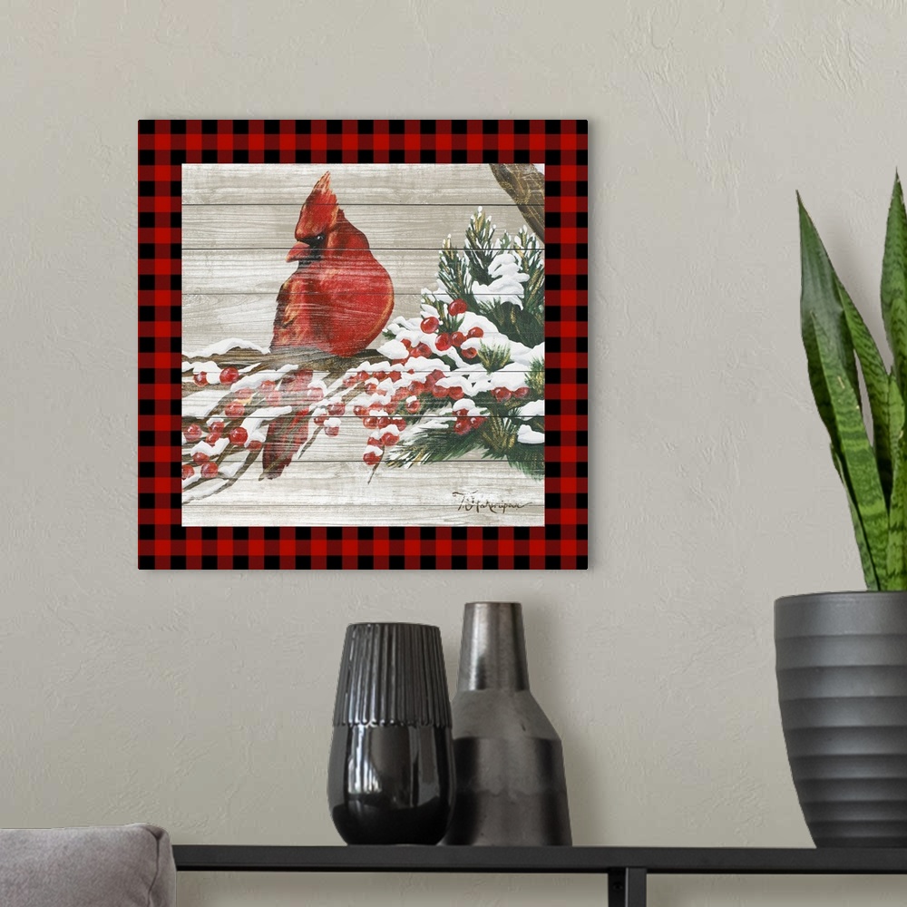 A modern room featuring Winter Red Bird III