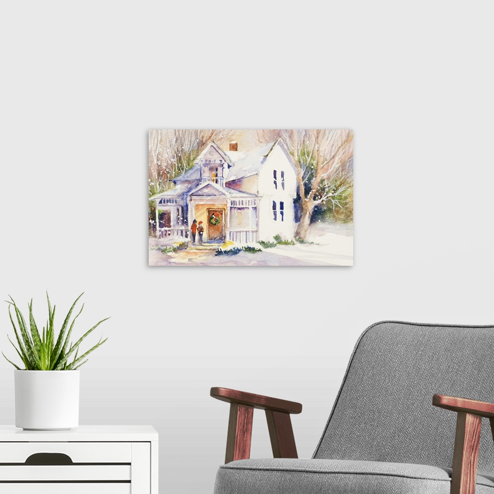 A modern room featuring Contemporary watercolor painting of a country home covered in fluffy snow.