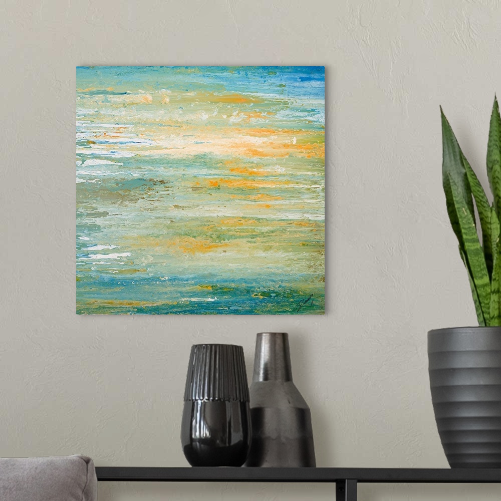A modern room featuring Big art work for office or home docor this abstract painting shows streaks of earth tones becomin...