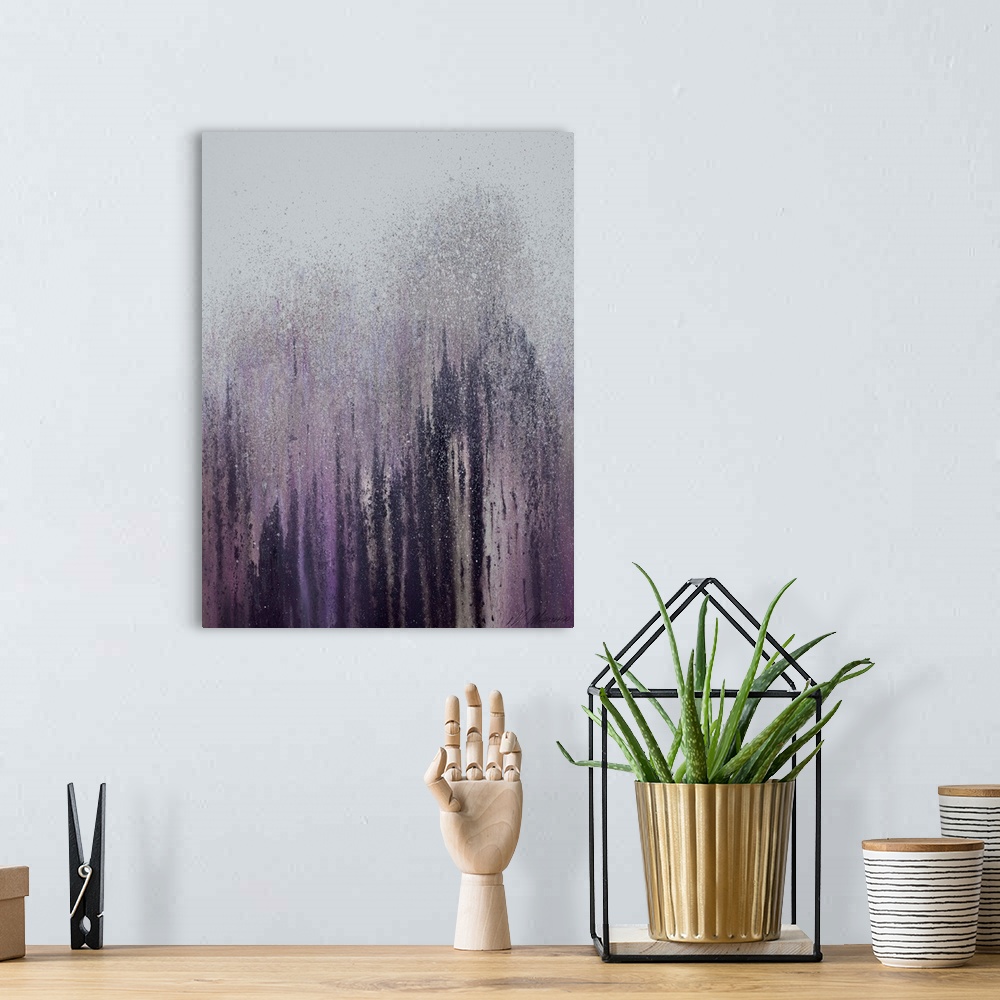 A bohemian room featuring Abstract painting with streaks and platters, resembling a forest.