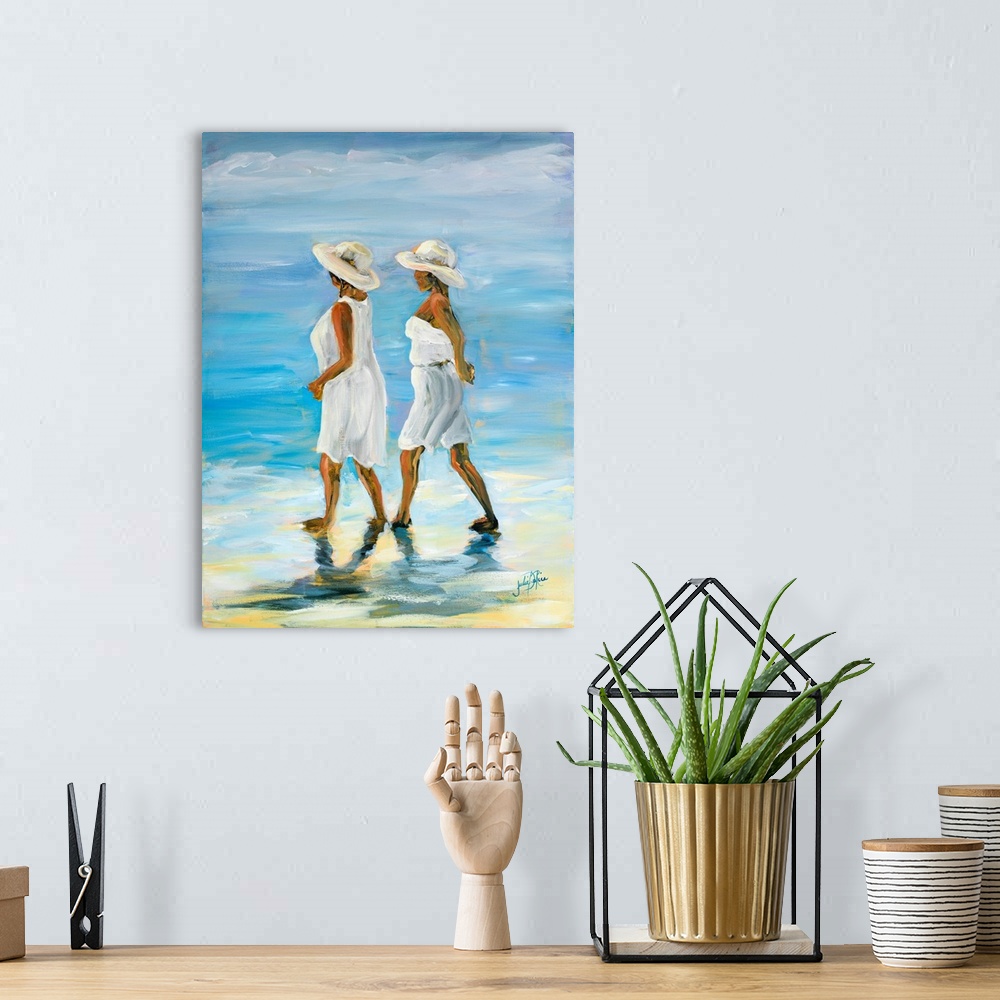 A bohemian room featuring Painting of two women in white walking along the water's edge.