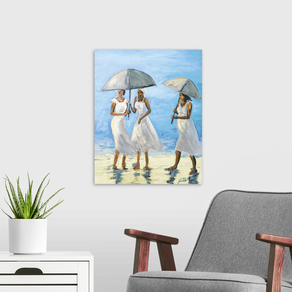 A modern room featuring Painting of three women in white holding parasols by the water's edge.