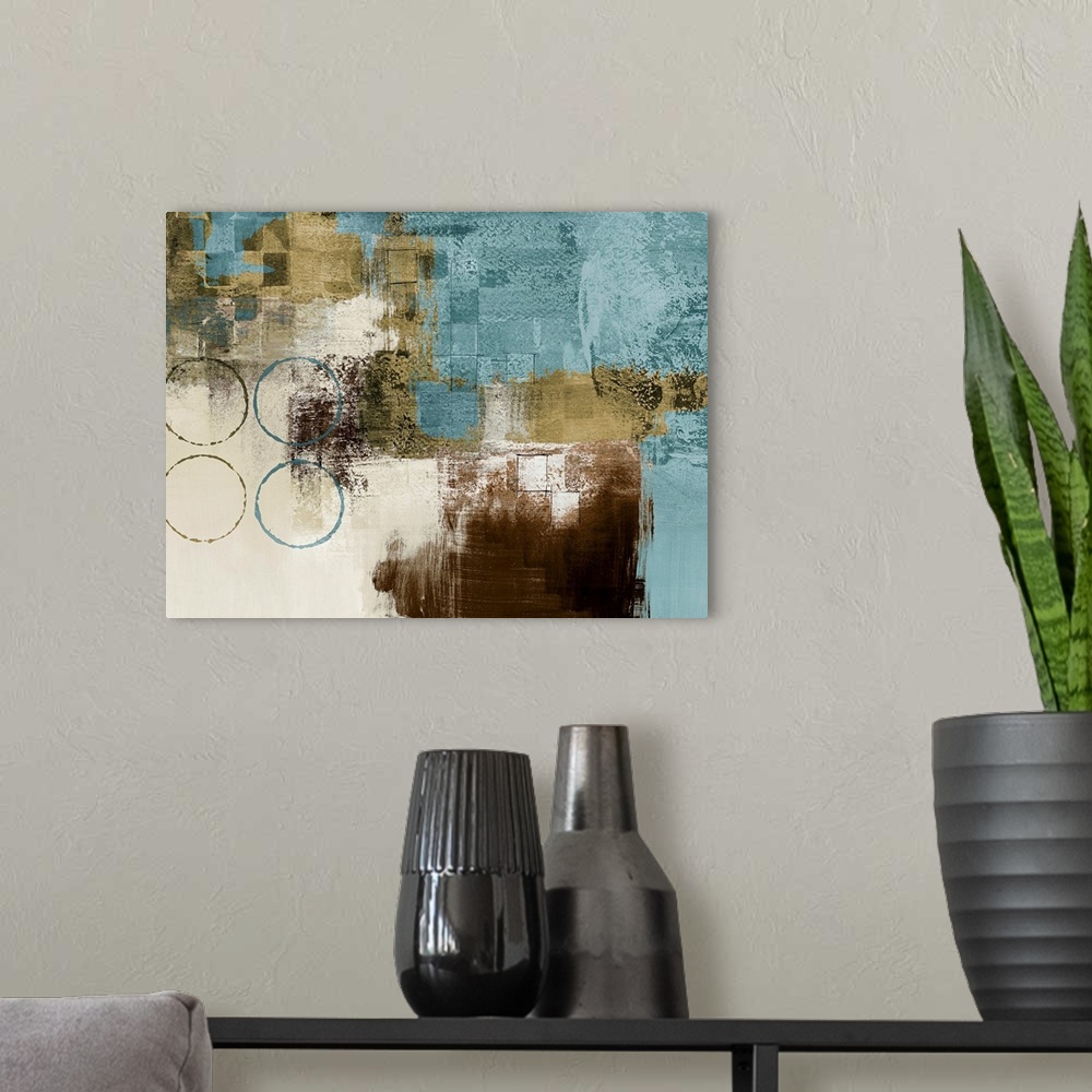 A modern room featuring Abstract painting of various colors over a textured background and four circle outlines on the left.