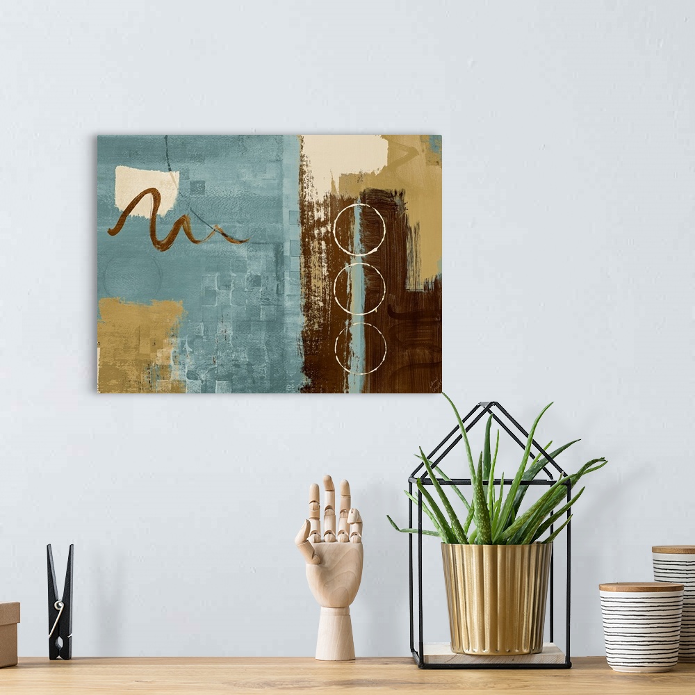 A bohemian room featuring Horizontal, contemporary home art docor in earth tones, various shapes and brushstrokes layered o...