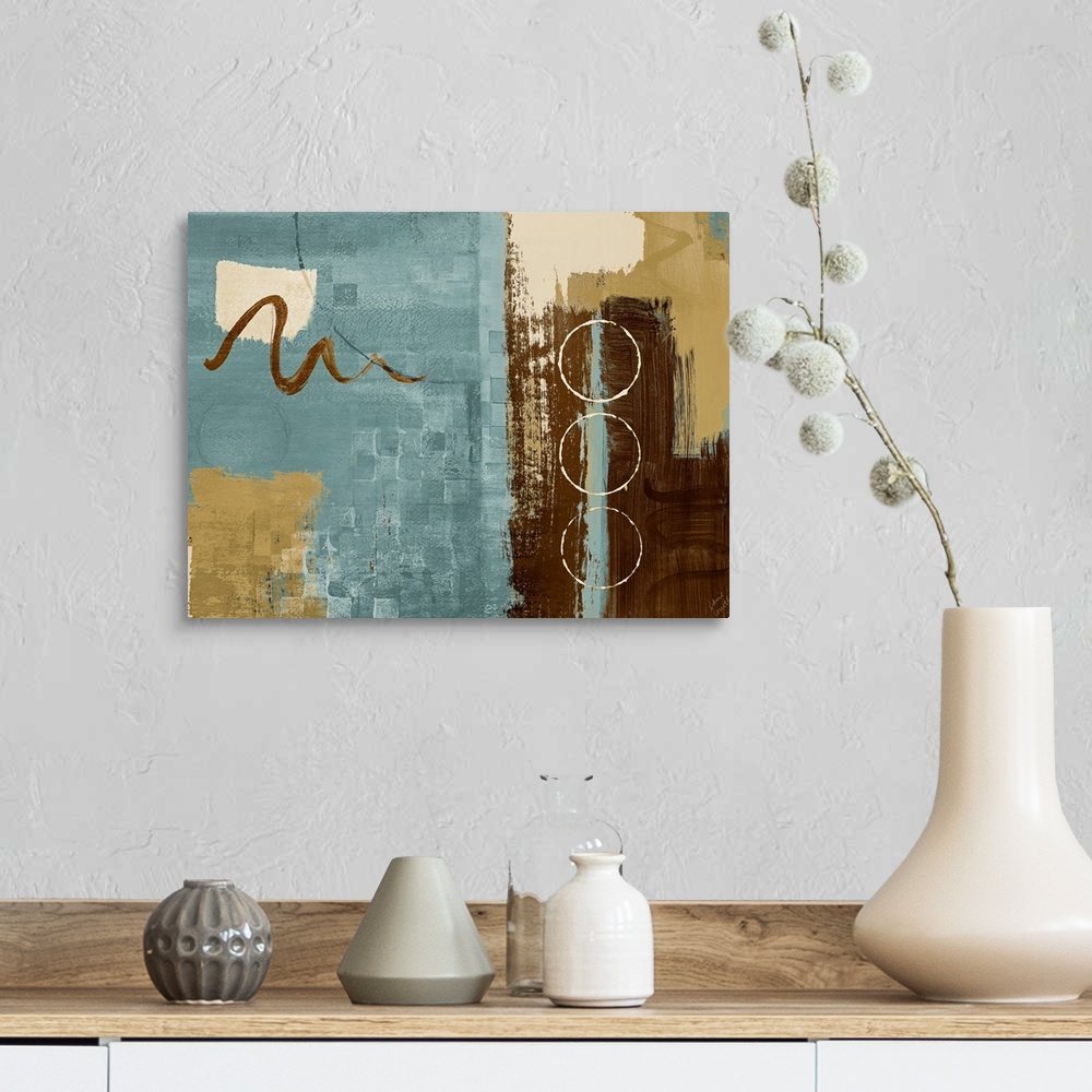 A farmhouse room featuring Horizontal, contemporary home art docor in earth tones, various shapes and brushstrokes layered o...