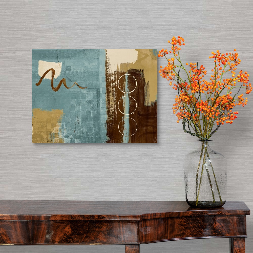 A traditional room featuring Horizontal, contemporary home art docor in earth tones, various shapes and brushstrokes layered o...
