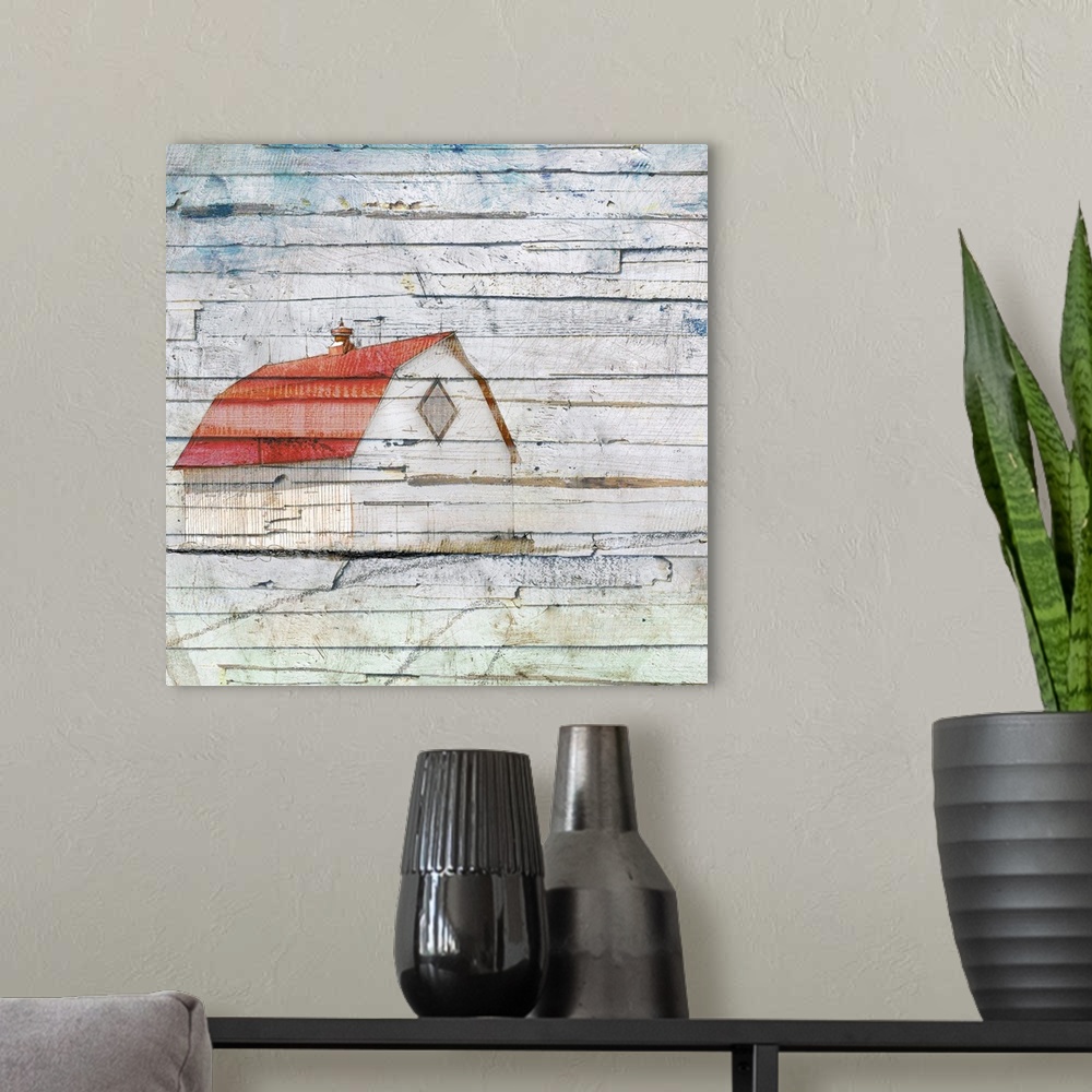 A modern room featuring Painting of a white barn with a red roof on rustic, distressed wood panels.