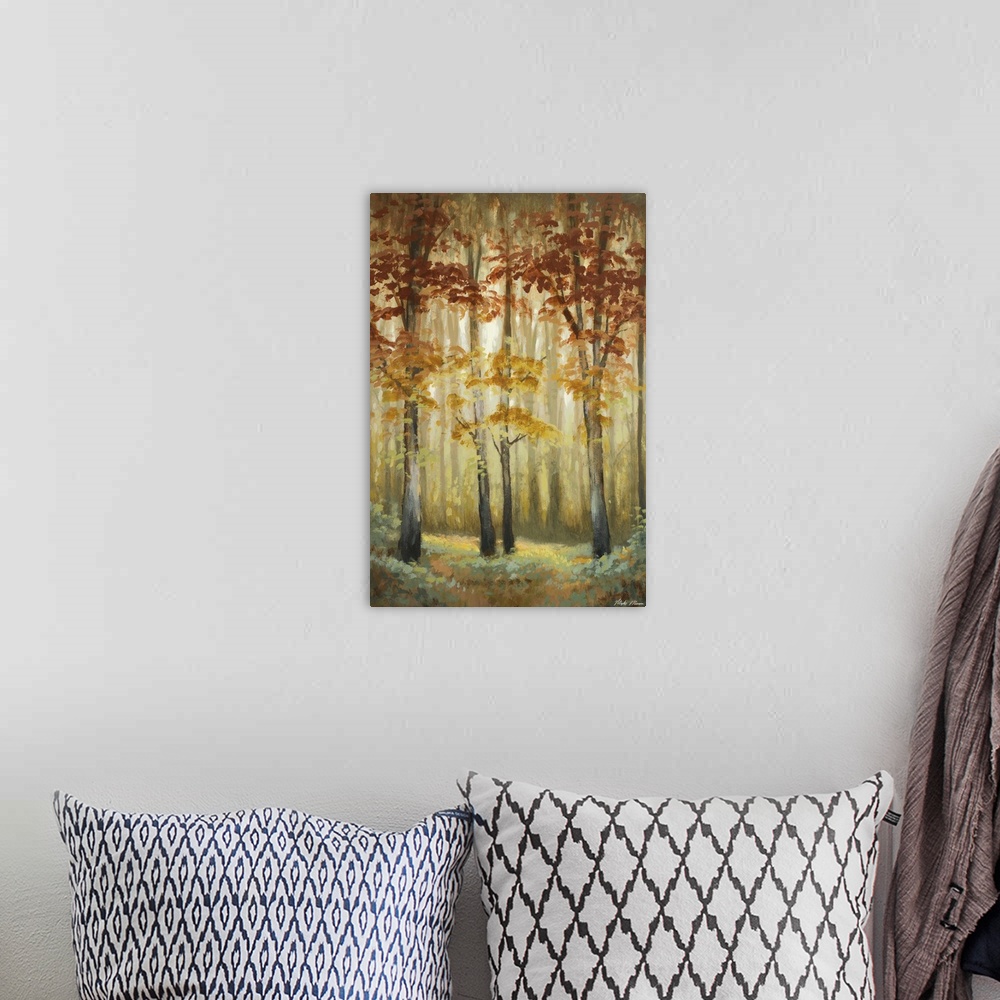 A bohemian room featuring Contemporary painting of an autumn foliage forest illuminated in a soft glow.