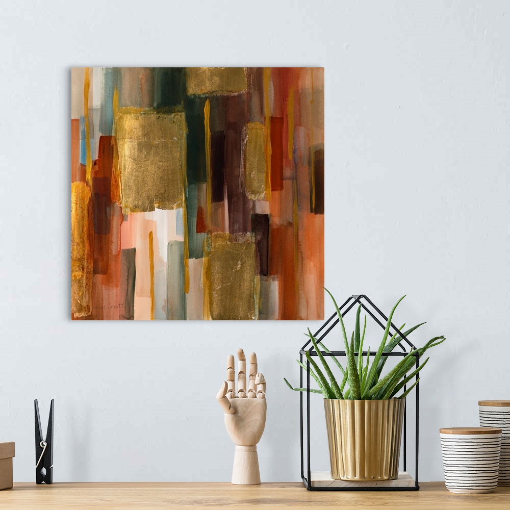 A bohemian room featuring Abstract artwork of tall vertical lines in subdued romantic colors.