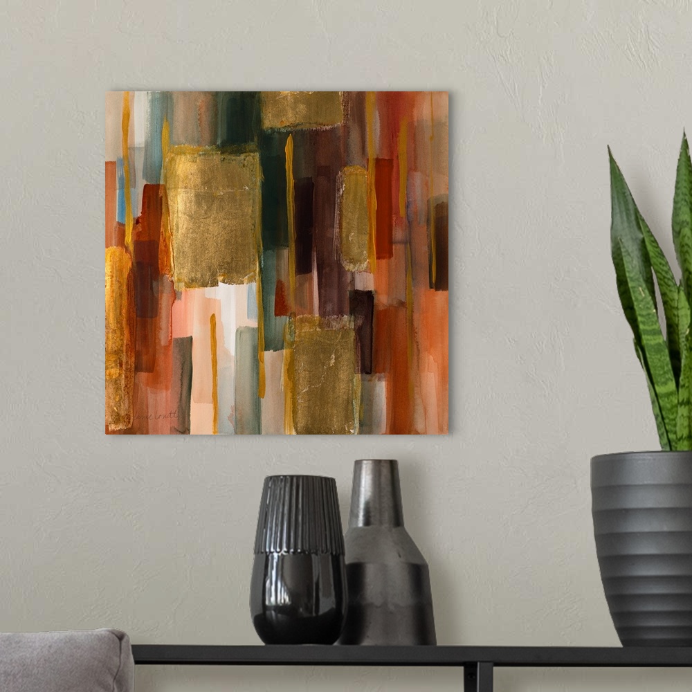 A modern room featuring Abstract artwork of tall vertical lines in subdued romantic colors.