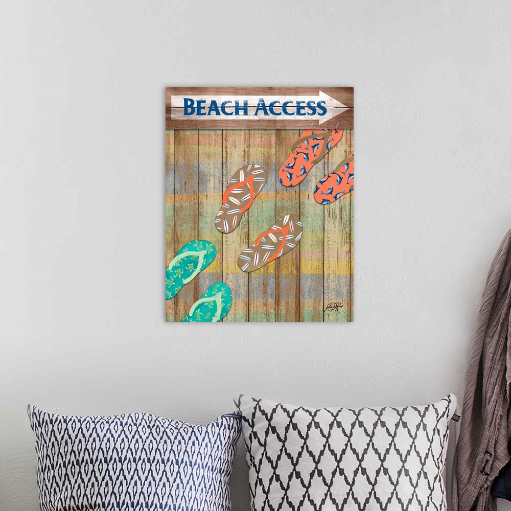 A bohemian room featuring Beach themed painting with decorative flip flops on a wooden background with colorful faded strip...