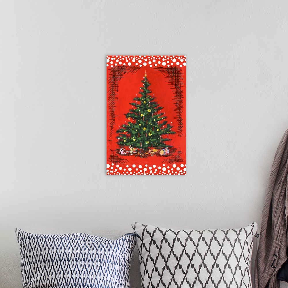 A bohemian room featuring Painting of a Christmas tree with candles and presents on red.