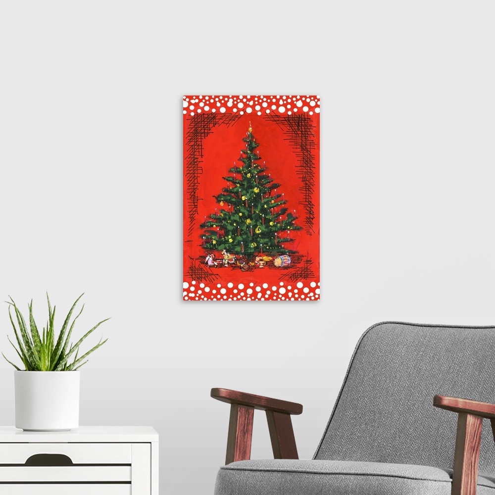 A modern room featuring Painting of a Christmas tree with candles and presents on red.