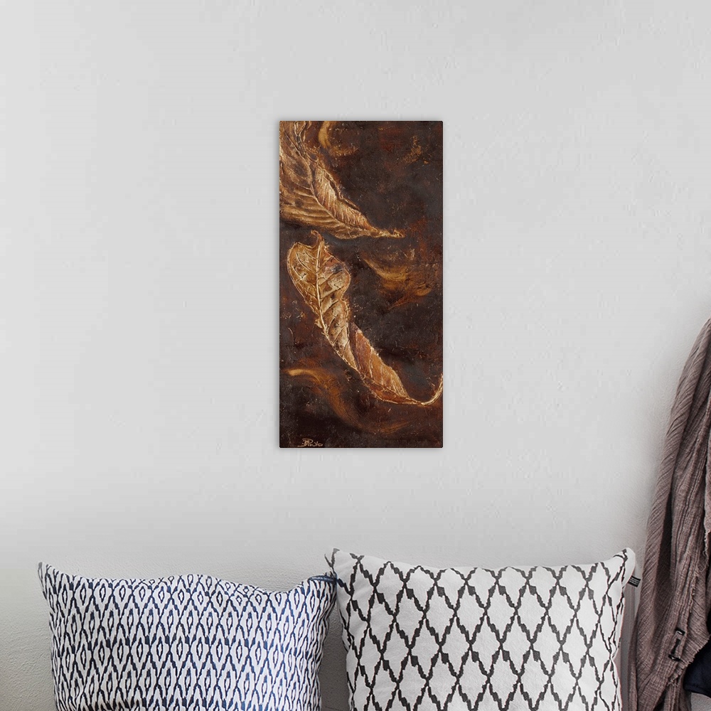 A bohemian room featuring Contemporary painting of a close-up of autumn leaves.
