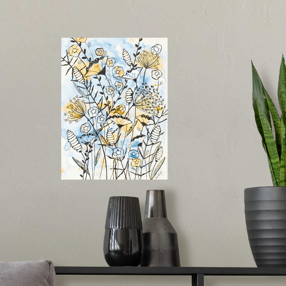 A modern room featuring Yellow and Blue Blooms II