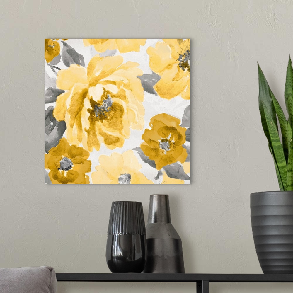 A modern room featuring Yellow and Gray Floral Delicate II