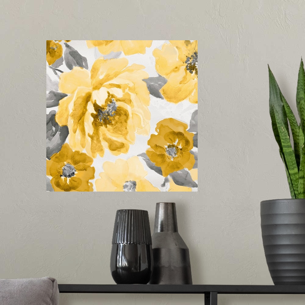A modern room featuring Yellow and Gray Floral Delicate II