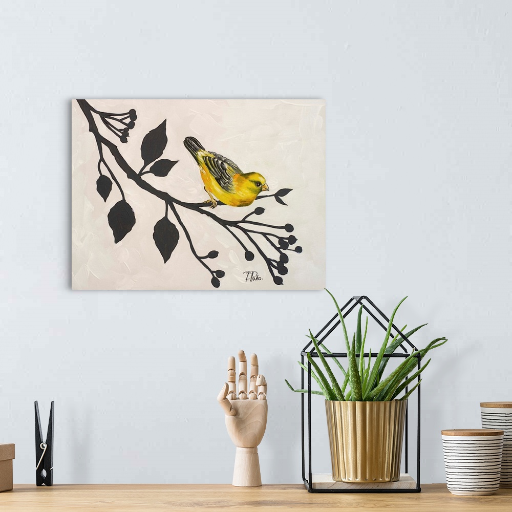 A bohemian room featuring A contemporary painting of a yellow bird perched on a black branch with leaves and berries on a w...