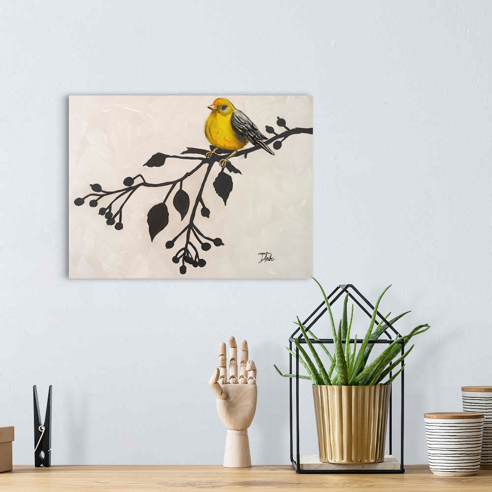 A bohemian room featuring A contemporary painting of a yellow bird perched on a black branch with leaves and berries on a w...
