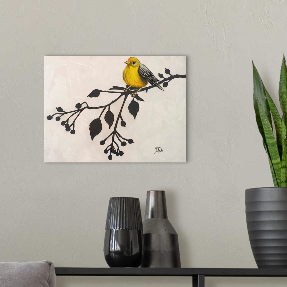 A modern room featuring A contemporary painting of a yellow bird perched on a black branch with leaves and berries on a w...
