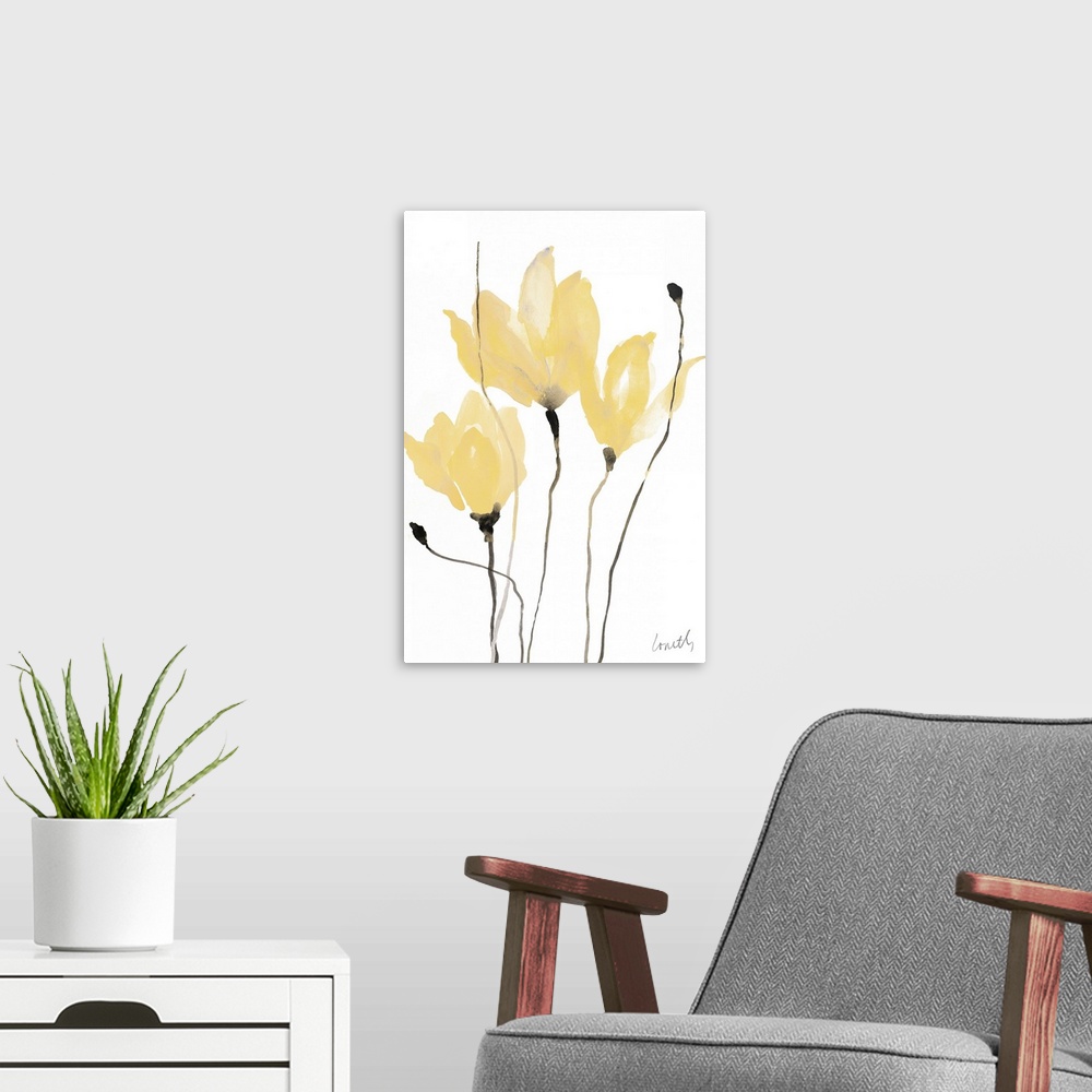 A modern room featuring A watercolor painting of three yellow flowers with thin stems.